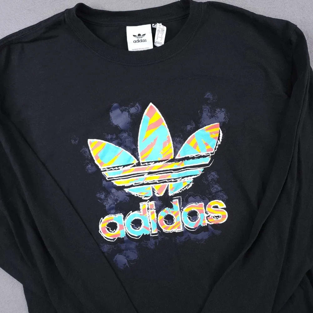 Adidas Originals Mens Large Black Long Sleeve Trefoil Graphic Logo TShirt Cotton